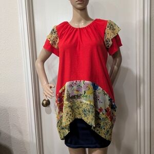 Upcycled Red Peasant Tee With a Floral Hi-Low Print Hemline Women's Top Sz. S-M